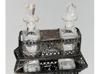 Silver Metal Wrapped Oil And Vinegar Caddy With Crystal Cruets