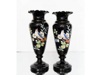 Victorian Hand Blown Hand Painted Black Vases