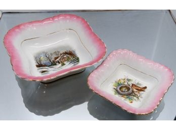 Porcelain Pink Square Dishes Featuring A Cottage And Bird
