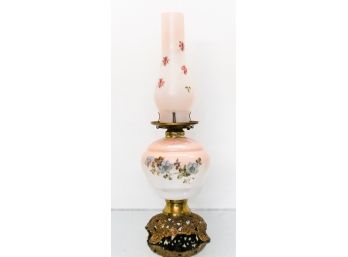 Pink Hand Painted Victorian Oil Lamp Featuring Flowers