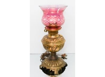 Electrified Victorian Lamp With Etched Glass Cranberry Pink Shade