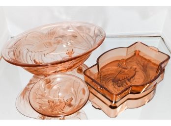 Tiara Peach Colored Console Bowl, Tray  And Side Dish Featuring Birds