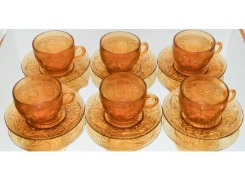 Vintage Amber Gold Indiana Tiara Sandwich Glass Cups And Saucers