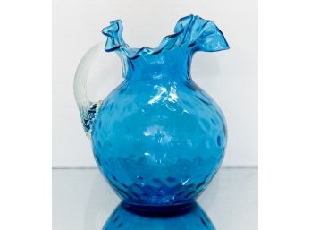 Rare And Old Fenton Hand Blown Blue Thumbprint Ruffle Vase