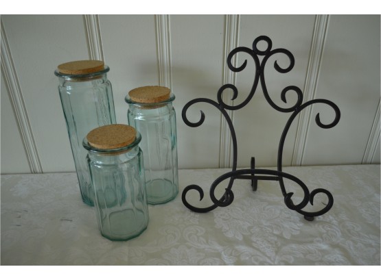 Glass Storage Jars And Iron Book Holder