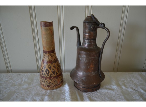 Cooper Tea Pot And Pottery Vase