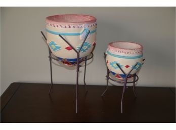 (#39) Southwestern Decorated Clay Pots On Stands