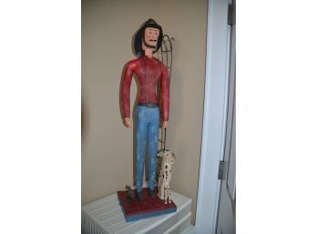 (#52) Folk Art Carved Wooden Fireman Dog And Metal Ladder 35.5'H