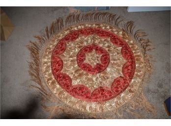 (#61) Vintage 35' Round Embroidered Table Top Cloth With Fringe Detail