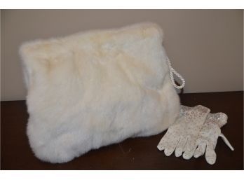 (#75) Vintage Mink White Hand Muff With Inside Zippered Pocket And Gloves