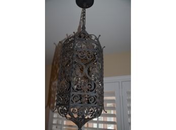 Antique Wrought Metal Black Wire Scroll 3 Light Hanging Lantern Pendant From Worlds Fair