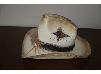 (#53) Cowboy Hat By Charlie Horse Hat Co. Feather Suede Mother Of Pearl Decoration Size 6 7/8
