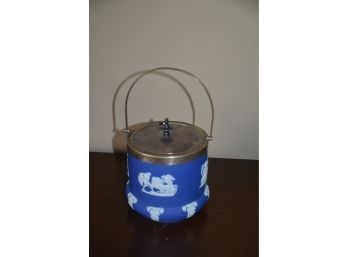 (#59) Wedgewood Blue White Jasperware Biscuit Barrel Jar Electroplated Nickel Silver 9.5'H Includes Handle