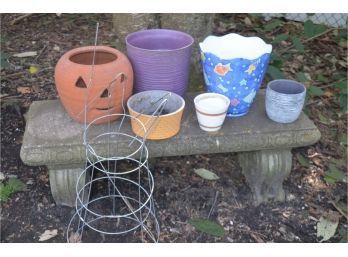 (#29B) Assortment Of Planters (6) Tomato Cages (2)