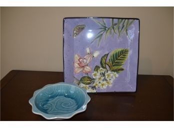 (#66) Ceramic 13' Square Serving Tray And 9' Bowl