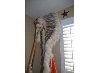 (#51) Authentic Vintage Native American Feather Headdress Trailer War Bonnet 75'H On Tripod Stand