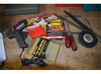 (#6) Tools -  Arrow Fastener HT-50A Heavy Duty Hammer Tacker, Saw, Tape Measure, Glue Gun