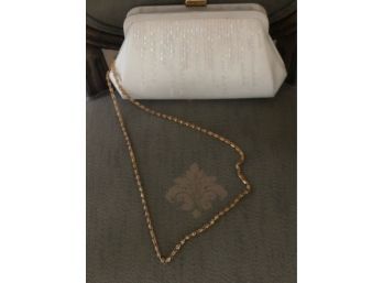 White Beaded Evening Purse With Chain