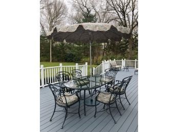 Ethan Allen Cast Aluminum Glass Top Patio Table 8 Chairs, Cushions, Umbrella With Stand, Side Table (12  Pcs)