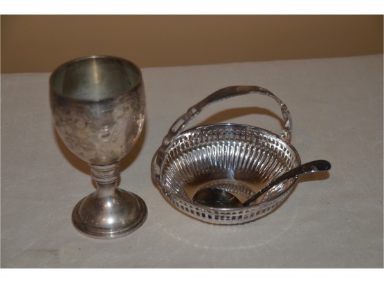 (#24) Silver-plate Seda Wine Cup And Condiment Handle Bowl With Sheffield Spoon