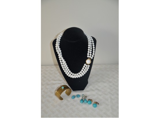 (#111) Brass Cuff Bracelet, Costume White Necklace, Clip Earrings