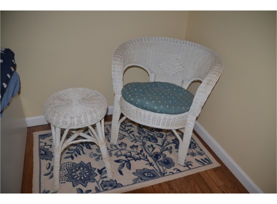 Wicker Side Accent Chair And Stool With Area Rug