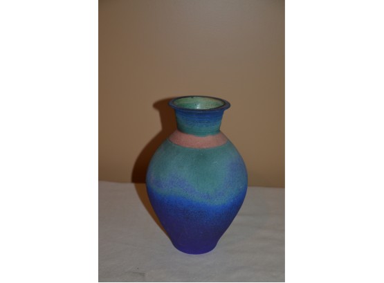 (#10) Pottery Greenish Blue Vase Signed PWR 7'H