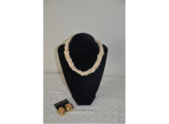 (#110) Pearl Bead Costume Choker Necklace With Clip Earrings