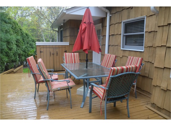 Outdoor Cast Aluminum Patio Table, 6 Chairs, Umbrella And Stand With Cushions (few Chips)