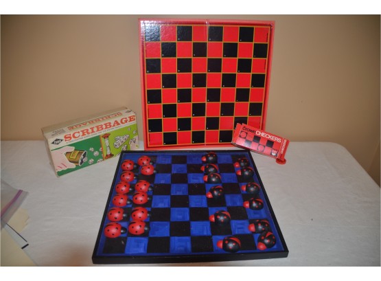 (#94) Vintage Scribbage Game, Handmade Checker Board Set Lady Bug Playing Pieces
