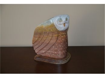 (#48) Marble Carved Owl Sculpture Signed Jeff Grandloie 1995 On Wood Base
