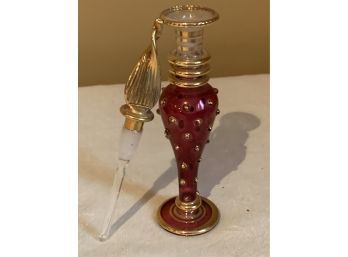 (#20) Delicate Small Burgundy And Gold Trim Glass Perfume Bottle - Stopper Perfect