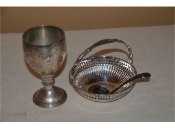 (#24) Silver-plate Seda Wine Cup And Condiment Handle Bowl With Sheffield Spoon