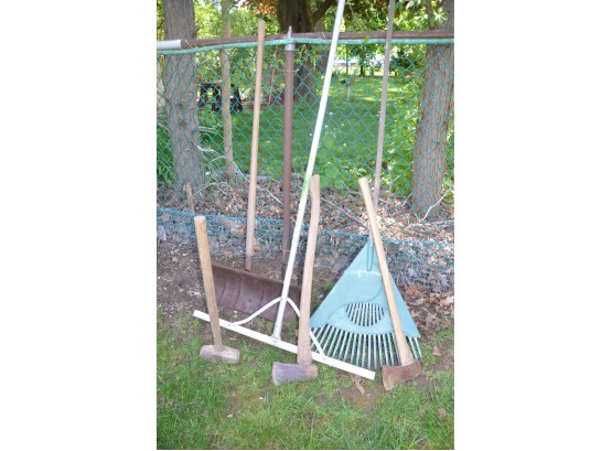 (#3) Garden Tools: Rack, Vintage Snow Shovel, Sledge Hammer, Axes,