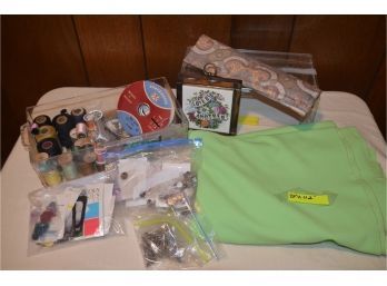 (#150) Box Full Of Sewing Notions And Fabric 72x112