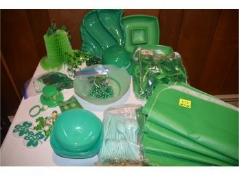 (#53) St. Patrick Day Plastic Party Ware, Bowls, Hats, Tablecloth, Forks, Knives