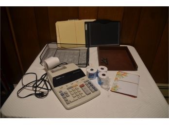 (#65) Office Desk Supplies: Electric Sharp Calculator, Folders, Paper Tray