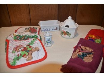(#195) Christmas Kitchen Home Decor - Pfaltzgraff Sugar Bowl, Towels, Pot Holder, Loaf Pan