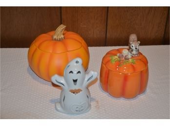 (#61) Porcelain Halloween Pumpkin Decoration, Porcelain Ghost Votive Candle Holder