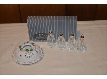 (#128) Rogers Crystal Glass Salt And Pepper Shakers, Porcelain Covered Trinket Dish
