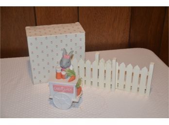(#58) Department 56 Easter Bunny Carrot Juice Porcelain Figurine With Box And Wood Fence