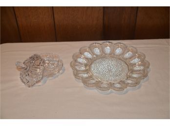 (#127) Glass Deviled Egg Serving Dish And Glass Covered Candy Dish
