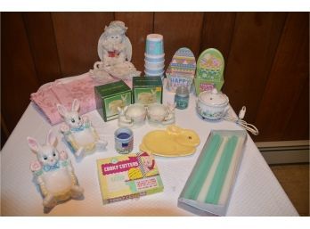 (#54) Easter Party Ware:  Vintage Cookie Cutters, Porcelain Candy Dishes, Plastic Tablecloth, Stick Candles
