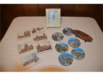 (#135) Small Wall Hanging Battery Clock 5x7 And 2 Sets Of World Travel Coasters
