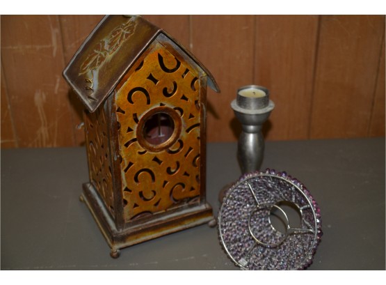 (#1) Metal Bird House And Candle Holder