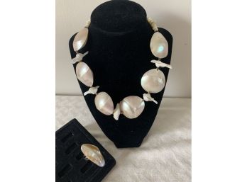 (#103) Shell Costume Necklace And Ring - Looks Real Shell