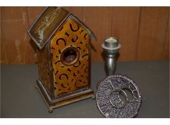 (#1) Metal Bird House And Candle Holder