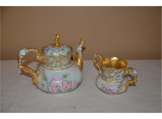 (#1) Beautiful Antique C.T. Altwasser German Porcelain Floral Hand-painted Gold Trim Teapot With Sugar Bowl