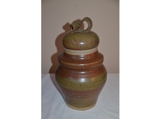 (#7) Pottery Covered Jar (slight Chip On Bottom Lid) 13'H