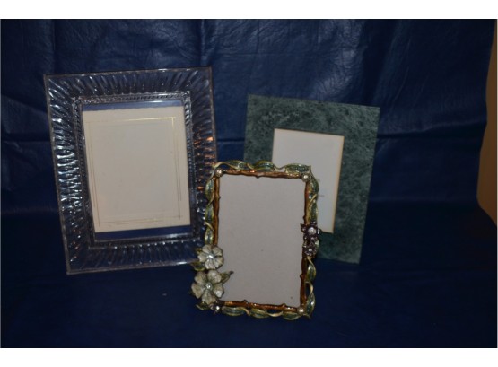 (#40) Enamel Picture Frame, Glass Picture Frame (3 Total)